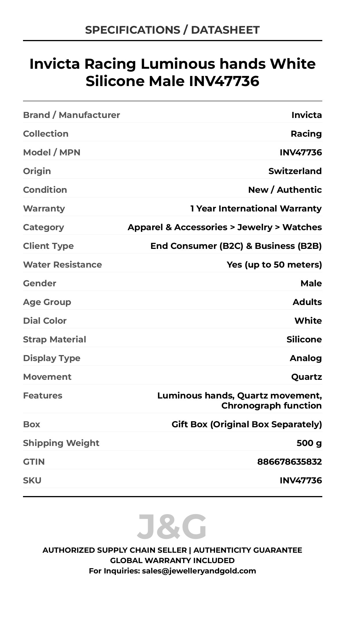 Invicta Racing Luminous hands White Silicone Male INV47736 - Specifications