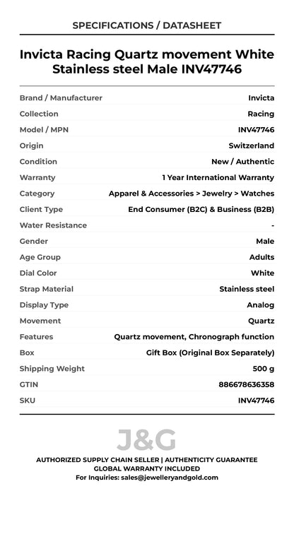 Invicta Racing Quartz movement White Stainless steel Male INV47746 - Specifications