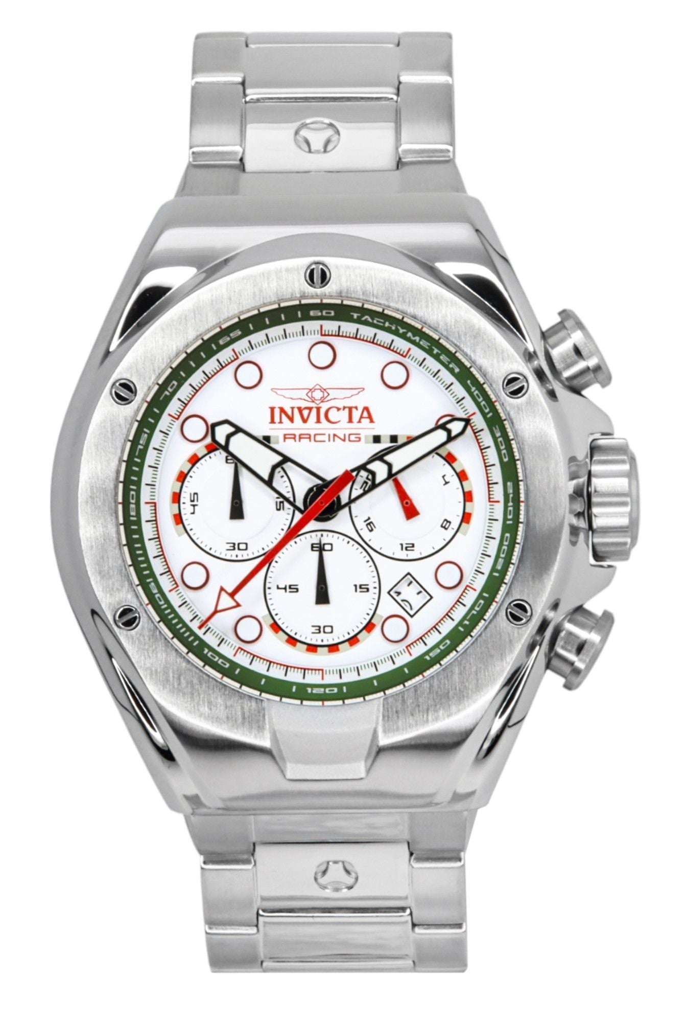 Invicta Racing Quartz movement White Stainless steel Male INV47746. A brand-new Invicta Racing watch featuring a White dial and a Stainless steel strap. Angled view.