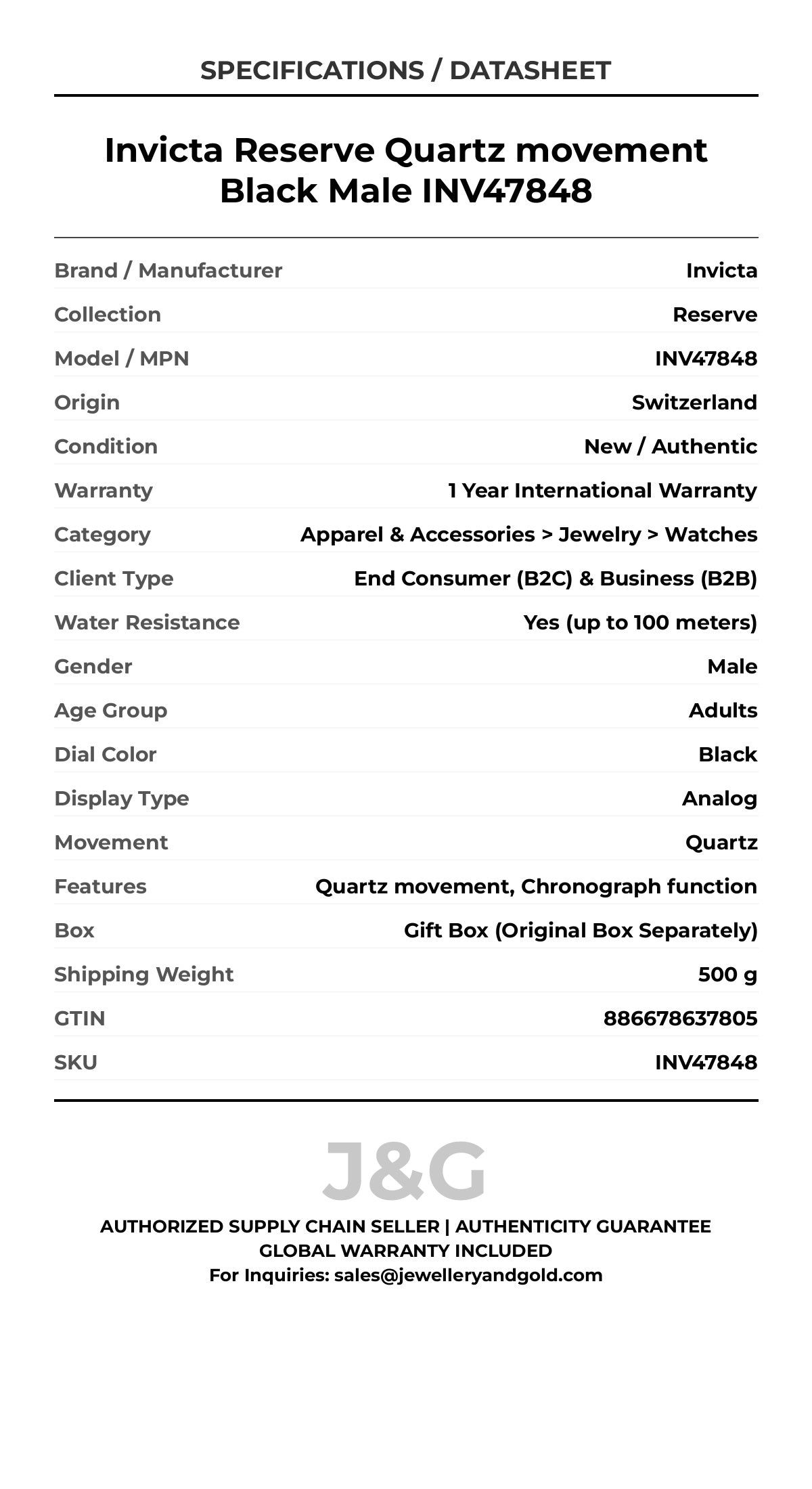 Invicta Reserve Quartz movement Black Male INV47848 - Specifications