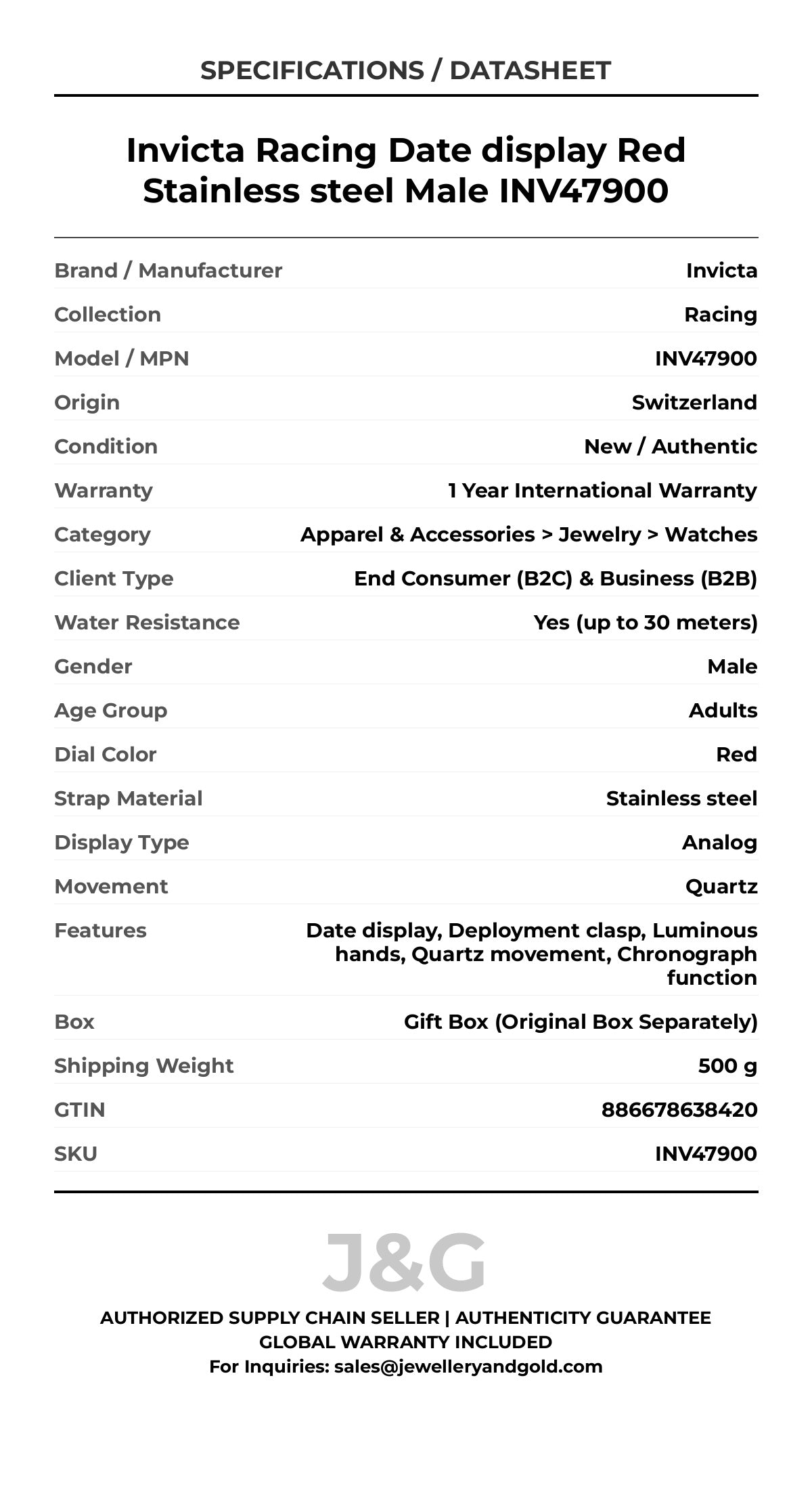Invicta Racing Date display Red Stainless steel Male INV47900 - Specifications