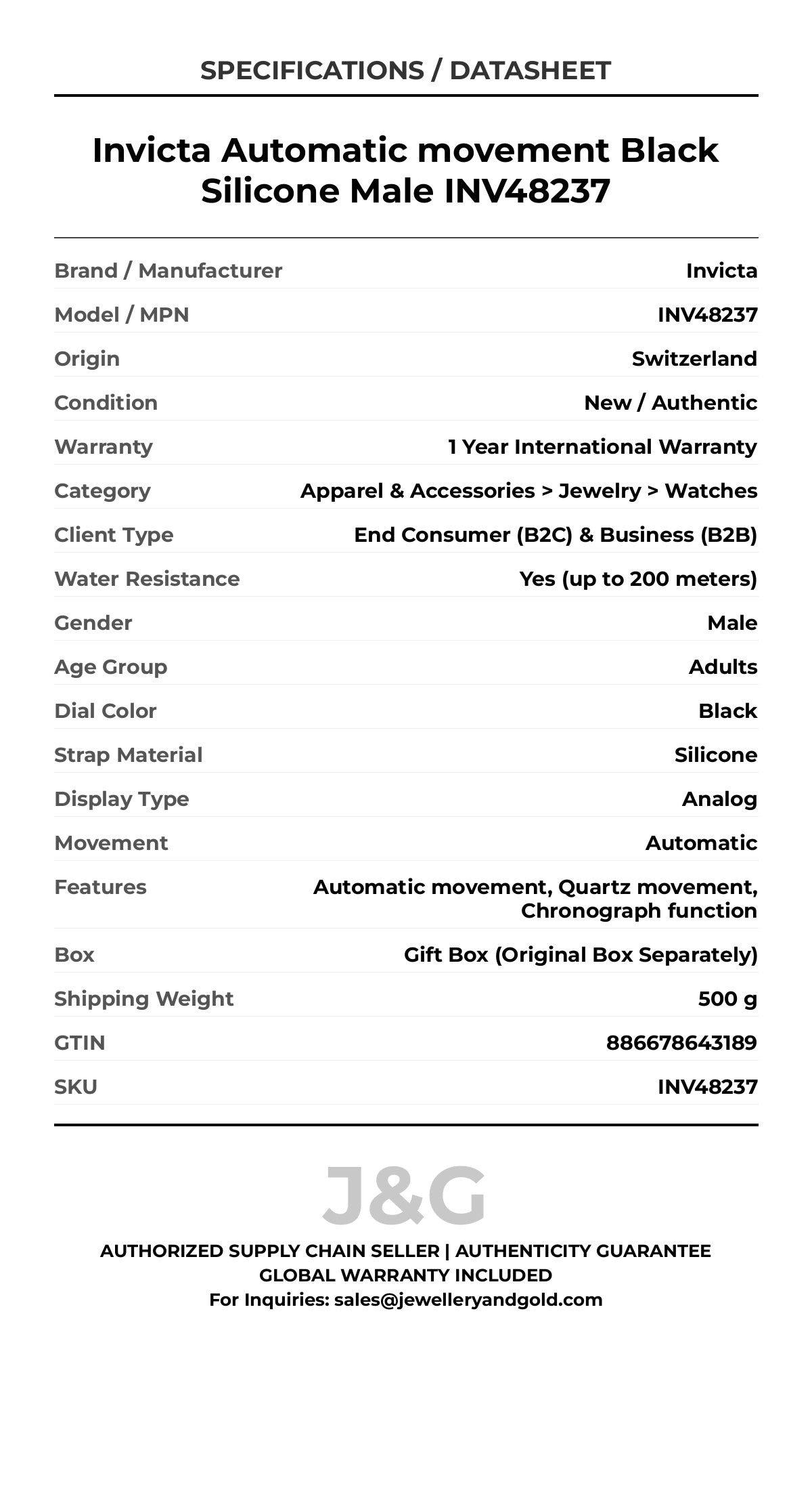 Invicta Automatic movement Black Silicone Male INV48237 - Specifications