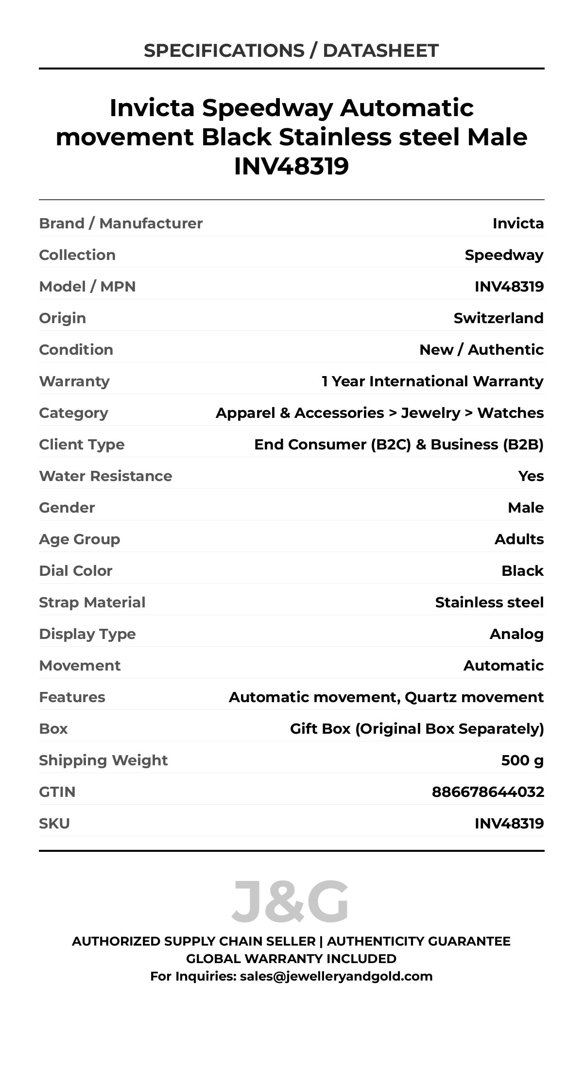 Invicta Speedway Automatic movement Black Stainless steel Male INV48319 - Specifications