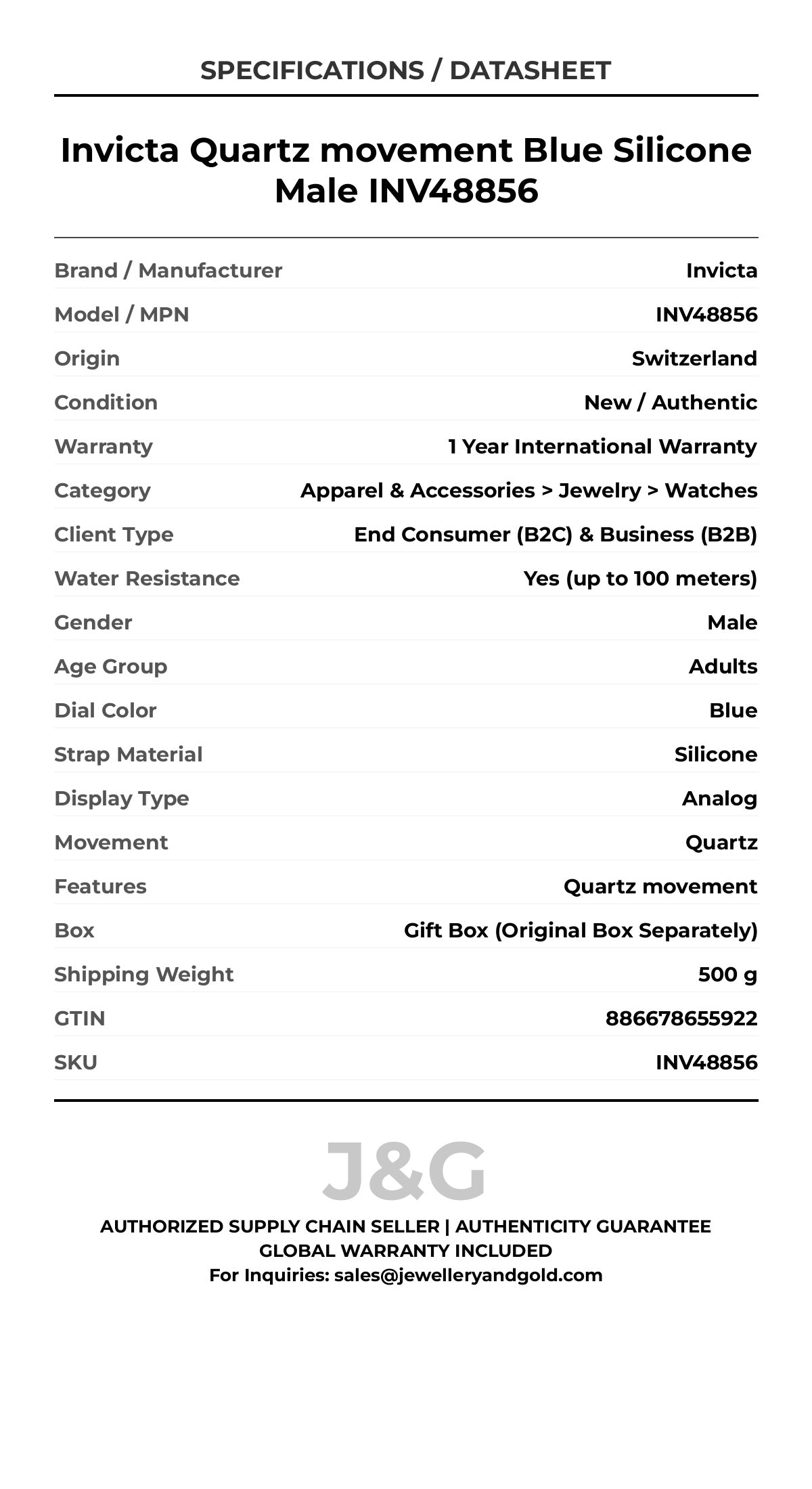 Invicta Quartz movement Blue Silicone Male INV48856 - Specifications