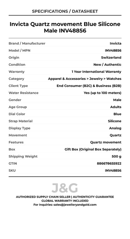 Invicta Quartz movement Blue Silicone Male INV48856 - Specifications