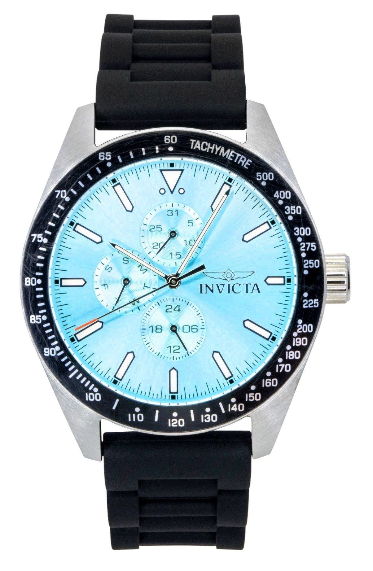 Invicta Quartz movement Blue Silicone Male INV48856. A brand-new Invicta watch featuring a Blue dial and a Silicone strap. Side view.