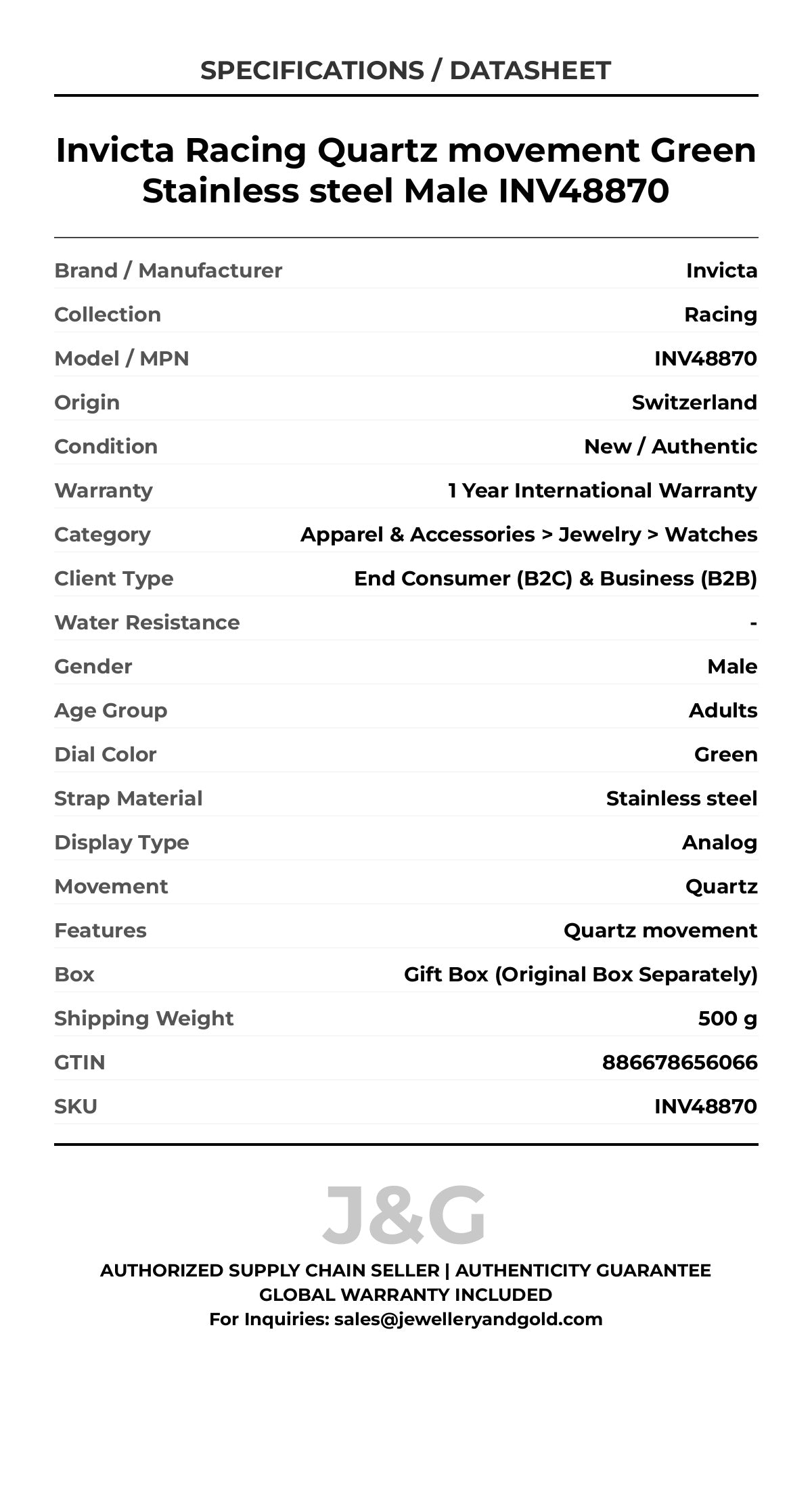 Invicta Racing Quartz movement Green Stainless steel Male INV48870 - Specifications