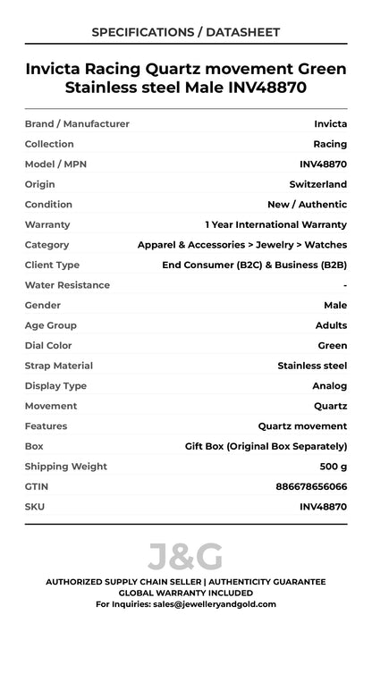 Invicta Racing Quartz movement Green Stainless steel Male INV48870 - Specifications