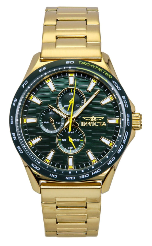 Invicta Racing Quartz movement Green Stainless steel Male INV48870. A brand-new Invicta Racing watch featuring a Green dial and a Stainless steel strap. Side view.