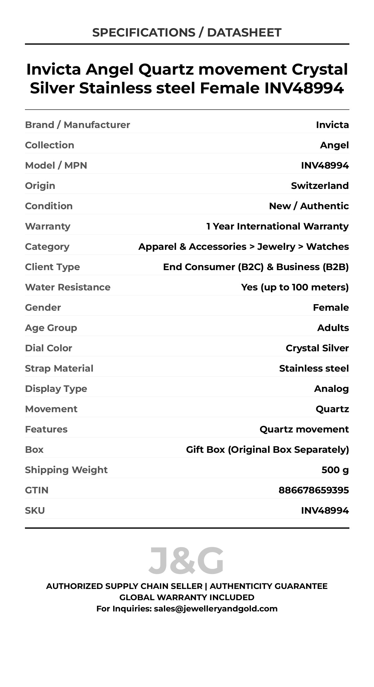 Invicta Angel Quartz movement Crystal Silver Stainless steel Female INV48994 - Specifications