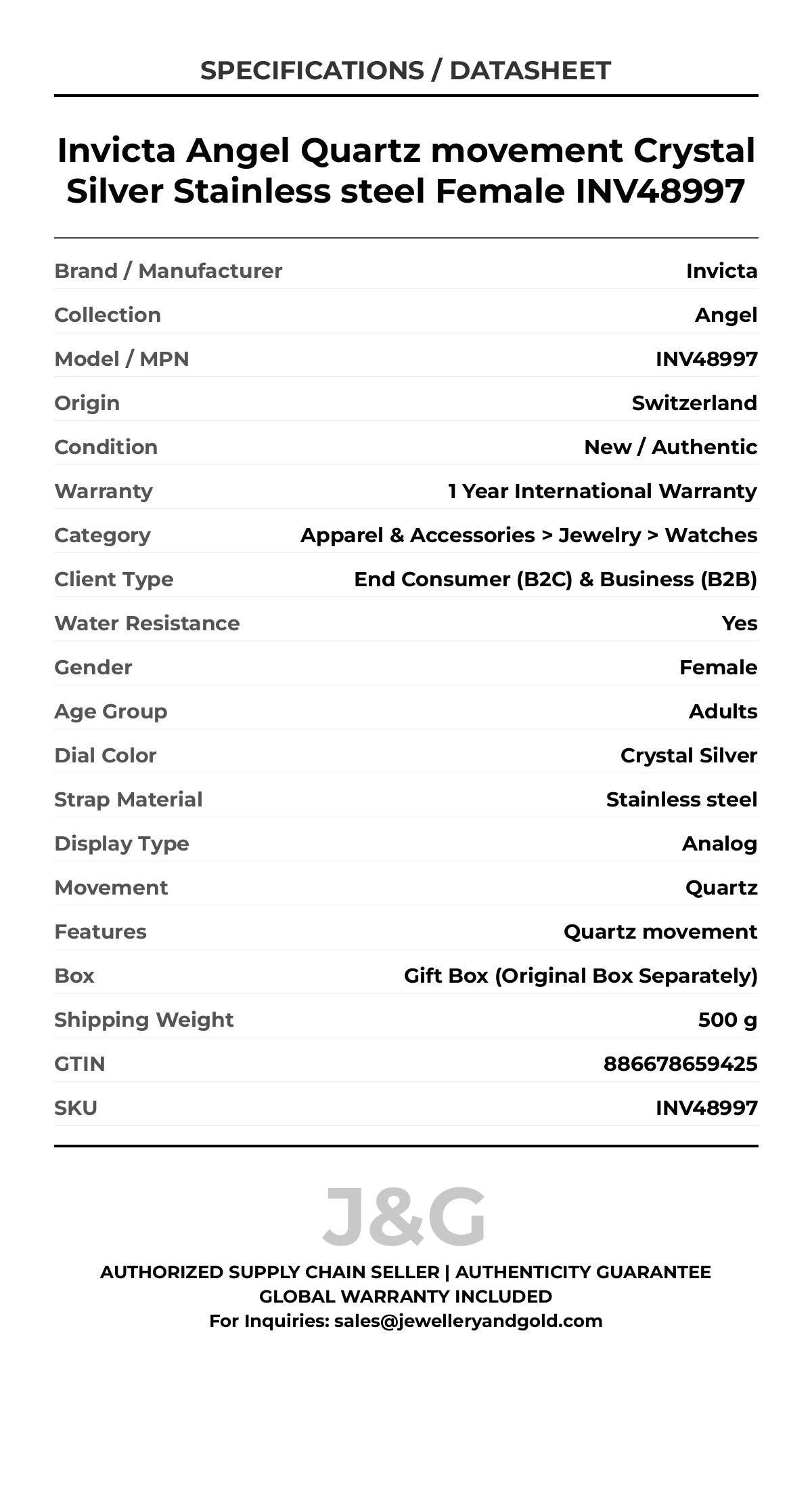 Invicta Angel Quartz movement Crystal Silver Stainless steel Female INV48997 - Specifications