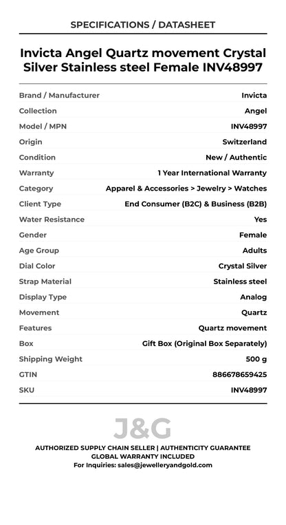 Invicta Angel Quartz movement Crystal Silver Stainless steel Female INV48997 - Specifications