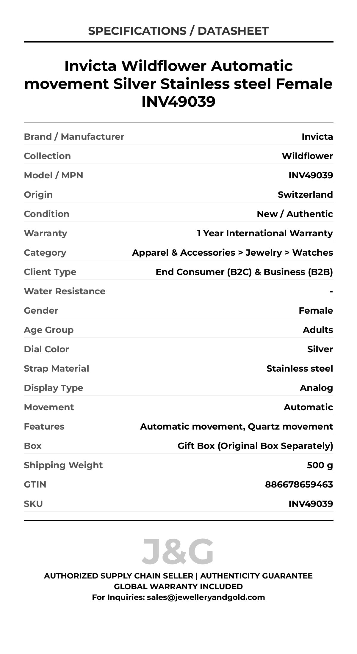 Invicta Wildflower Automatic movement Silver Stainless steel Female INV49039 - Specifications