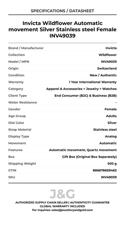 Invicta Wildflower Automatic movement Silver Stainless steel Female INV49039 - Specifications