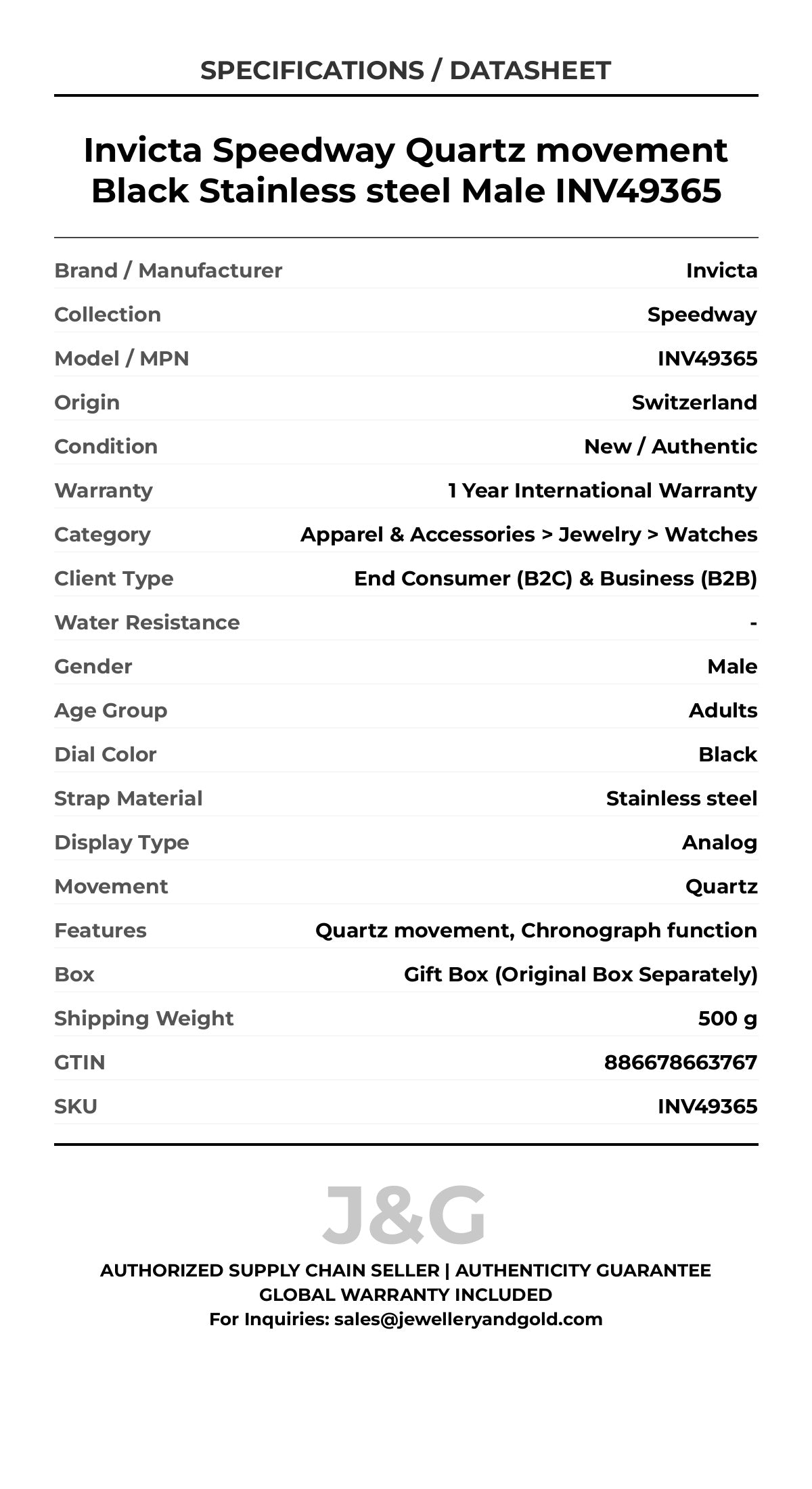 Invicta Speedway Quartz movement Black Stainless steel Male INV49365 - Specifications