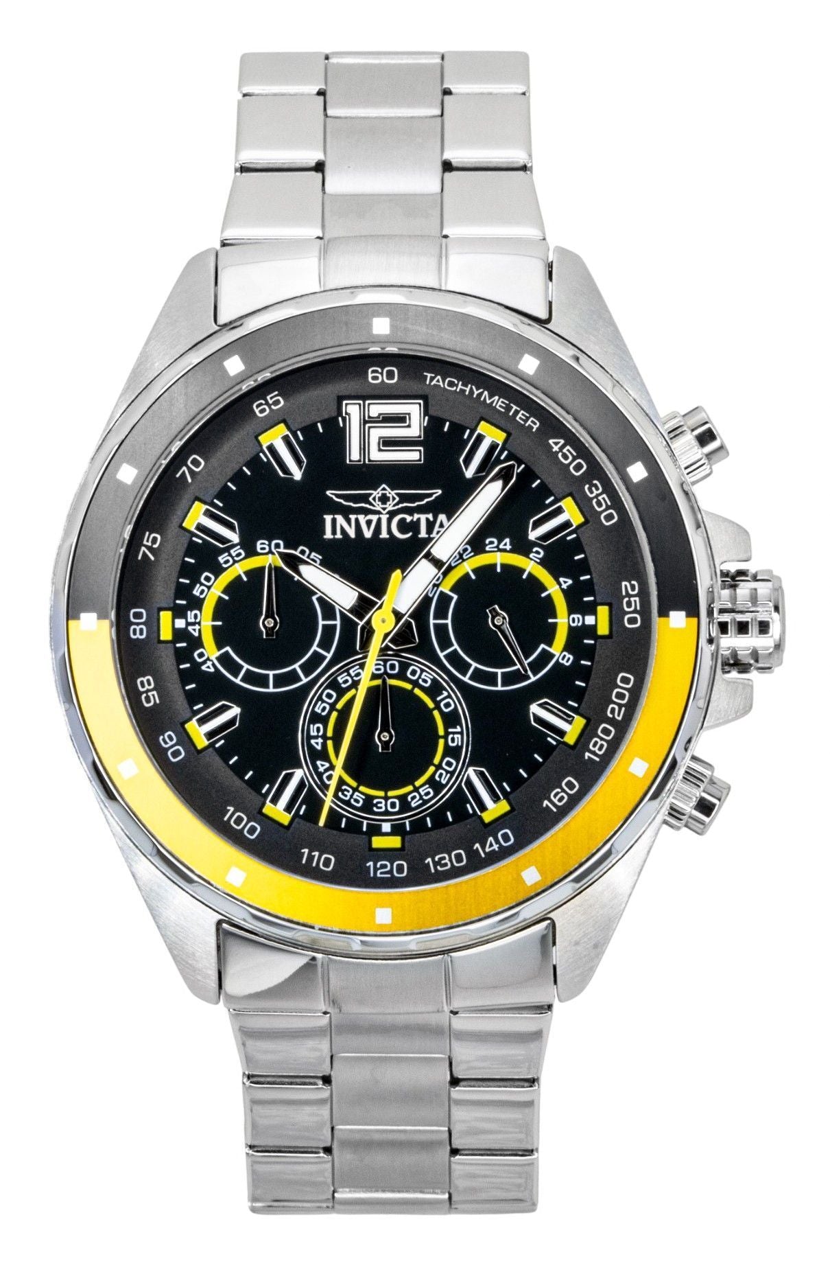 Invicta Speedway Quartz movement Black Stainless steel Male INV49365. A brand-new Invicta Speedway watch featuring a Black dial and a Stainless steel strap. Side view.