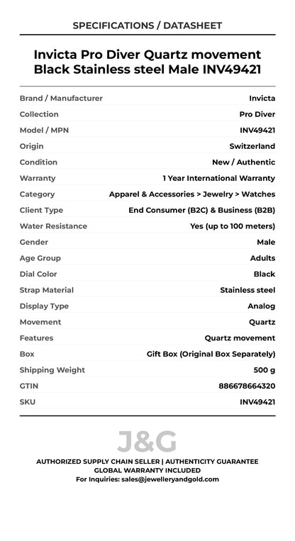 Invicta Pro Diver Quartz movement Black Stainless steel Male INV49421 - Specifications