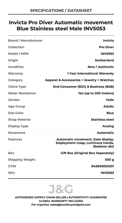 Invicta Pro Diver Automatic movement Blue Stainless steel Male INV5053 - Specifications