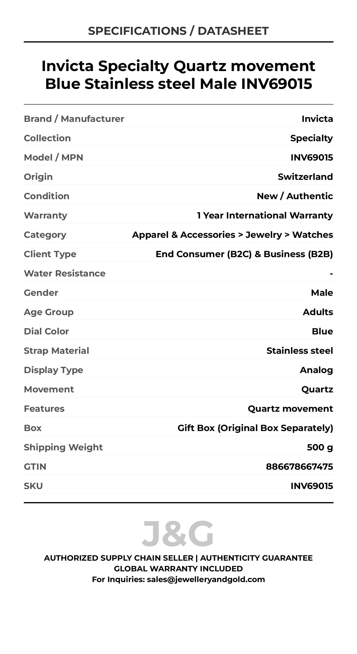Invicta Specialty Quartz movement Blue Stainless steel Male INV69015 - Specifications
