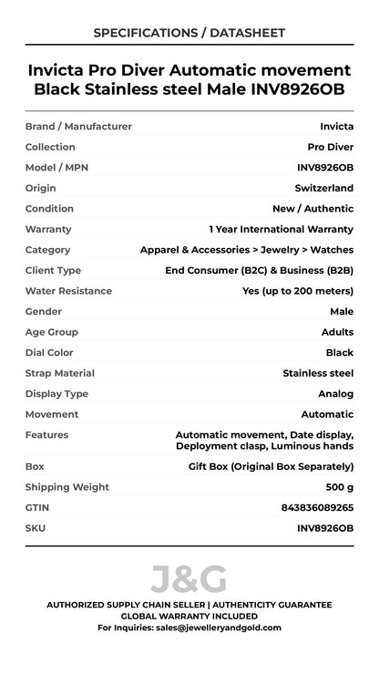 Invicta Pro Diver Automatic movement Black Stainless steel Male INV8926OB - Specifications