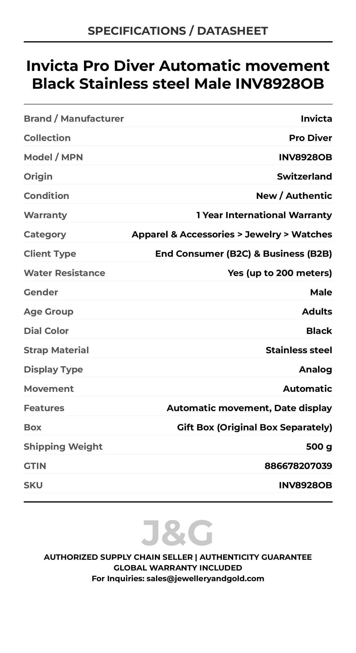 Invicta Pro Diver Automatic movement Black Stainless steel Male INV8928OB - Specifications