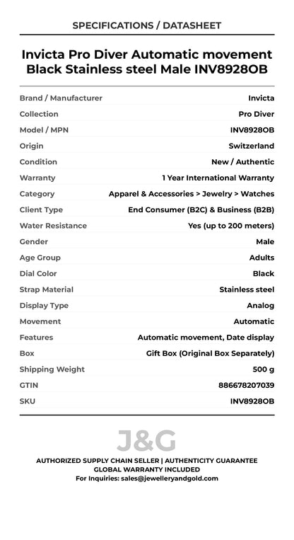 Invicta Pro Diver Automatic movement Black Stainless steel Male INV8928OB - Specifications