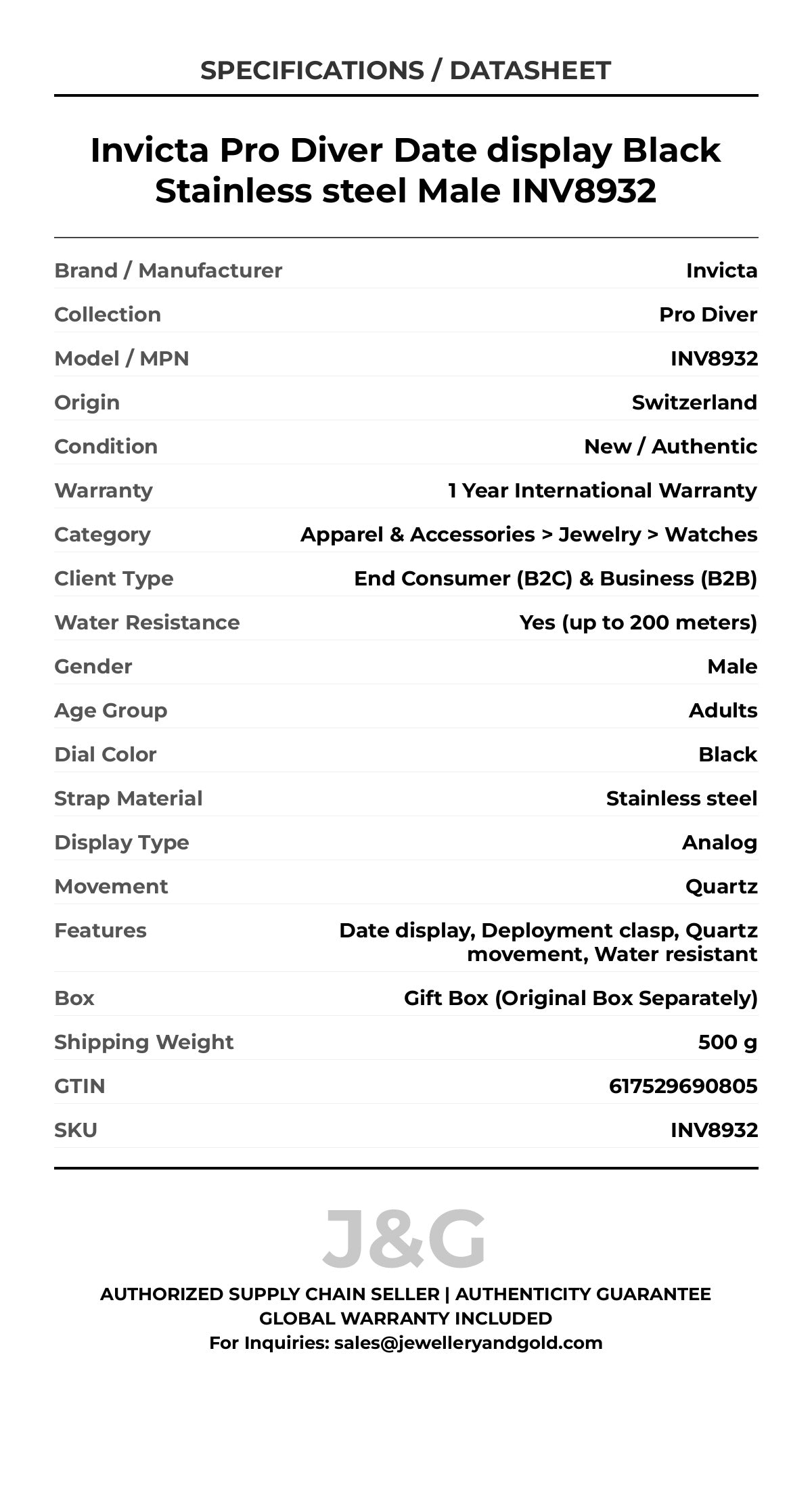 Invicta Pro Diver Date display Black Stainless steel Male INV8932 - Specifications