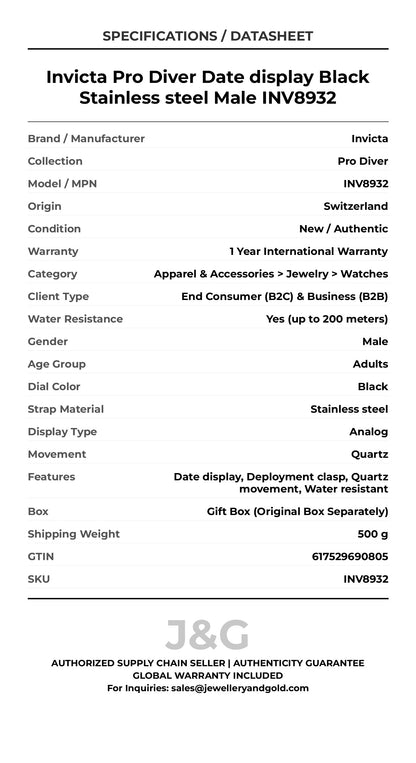 Invicta Pro Diver Date display Black Stainless steel Male INV8932 - Specifications