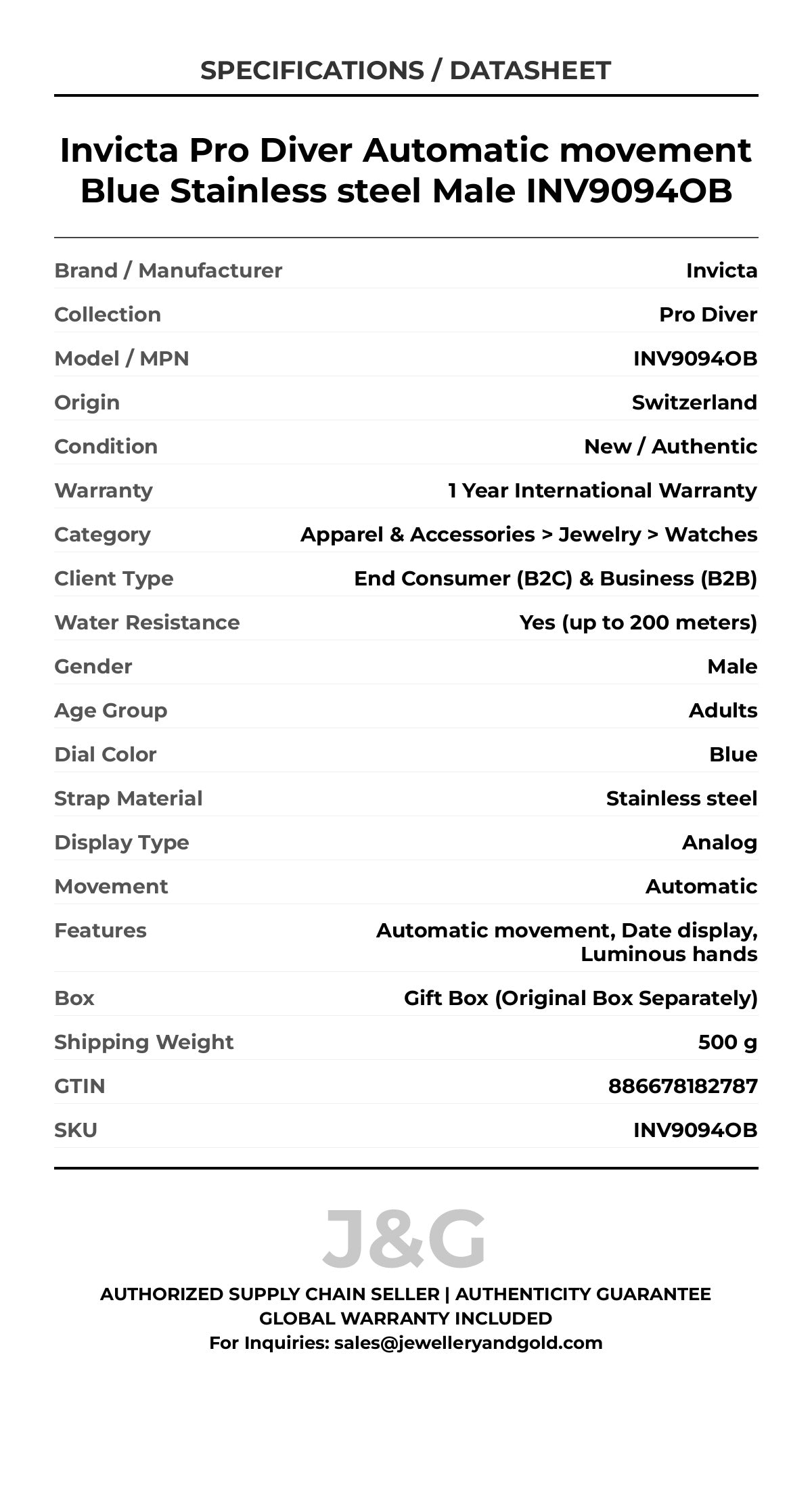 Invicta Pro Diver Automatic movement Blue Stainless steel Male INV9094OB - Specifications