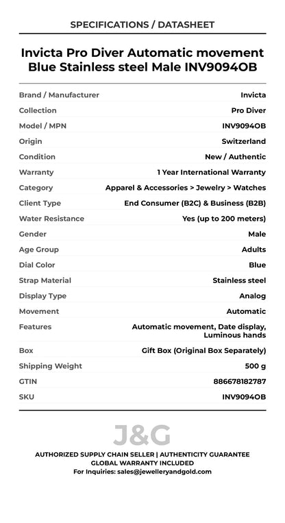 Invicta Pro Diver Automatic movement Blue Stainless steel Male INV9094OB - Specifications