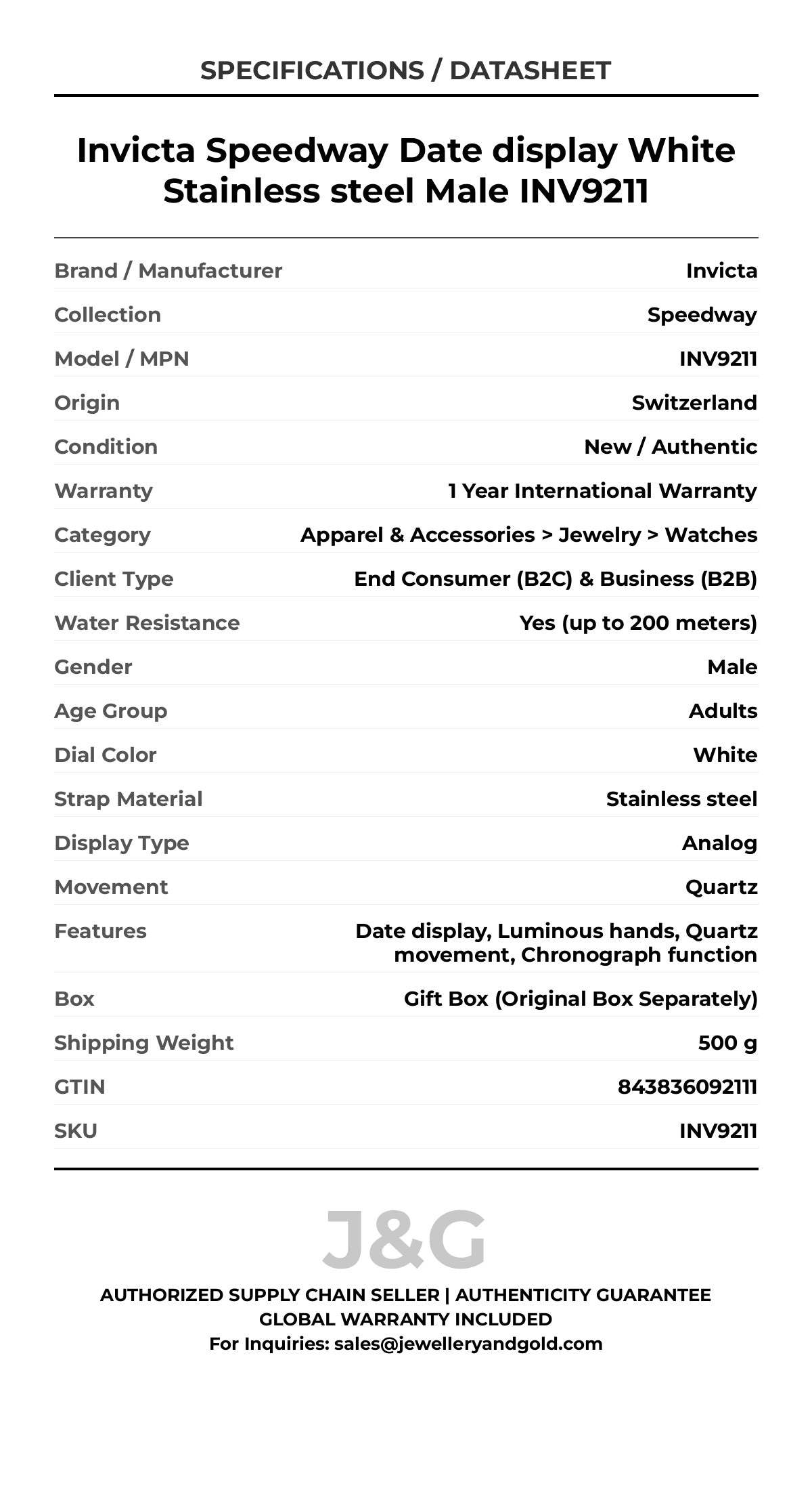 Invicta Speedway Date display White Stainless steel Male INV9211 - Specifications
