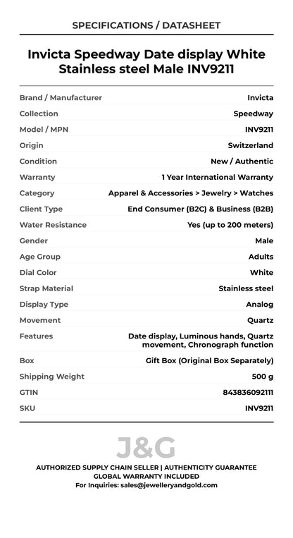 Invicta Speedway Date display White Stainless steel Male INV9211 - Specifications