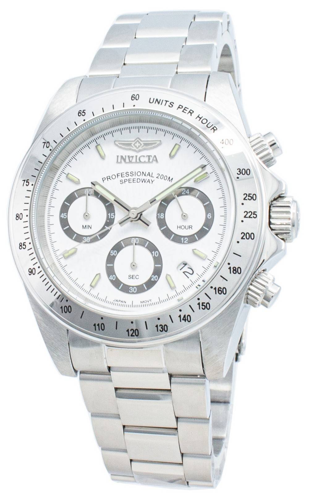 Invicta Speedway Date display White Stainless steel Male INV9211. A brand-new Invicta Speedway watch featuring a White dial and a Stainless steel strap. Angled view.