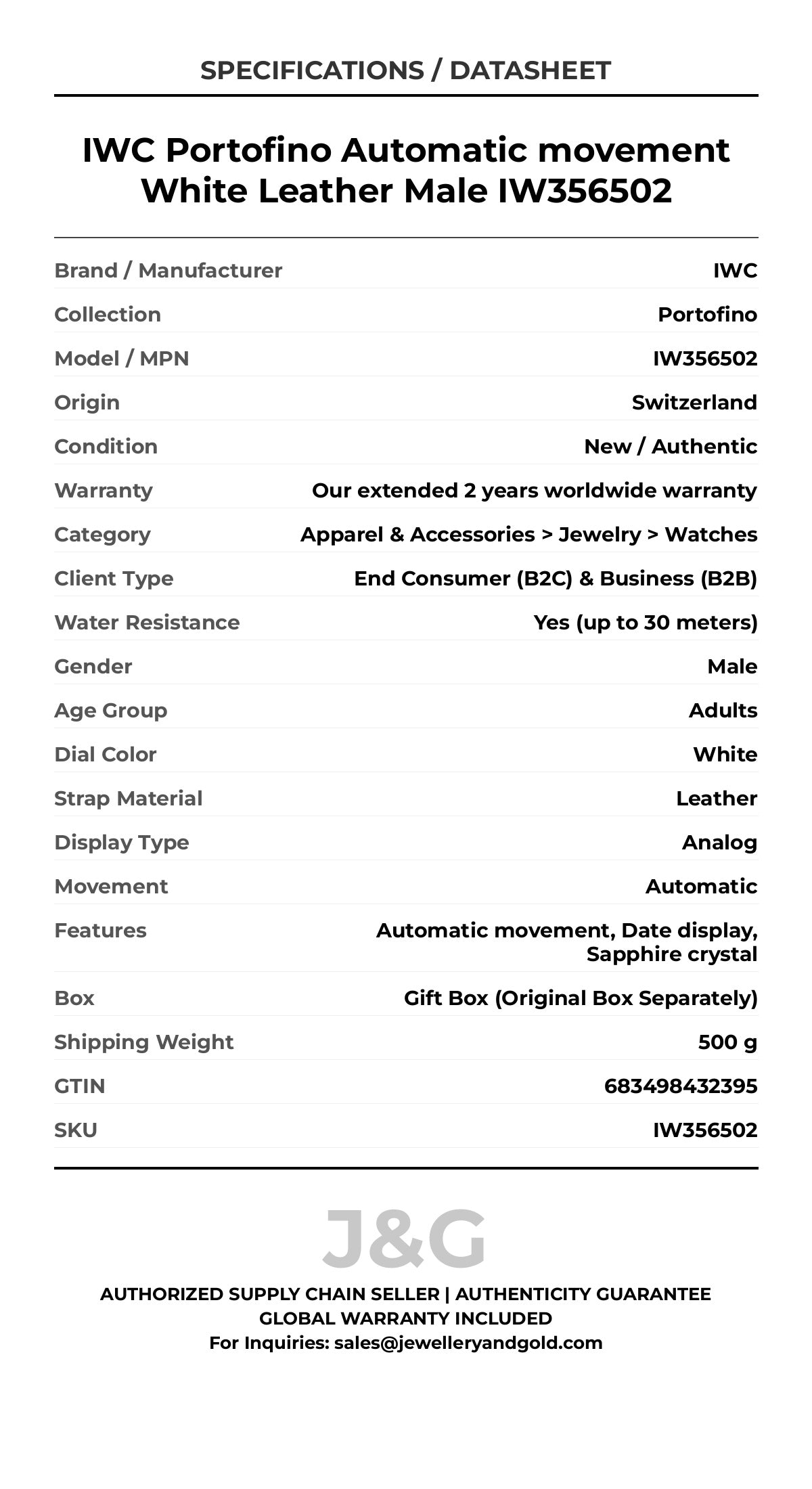 IWC Portofino Automatic movement White Leather Male IW356502 - Specifications