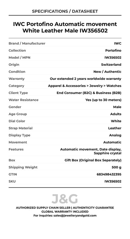 IWC Portofino Automatic movement White Leather Male IW356502 - Specifications