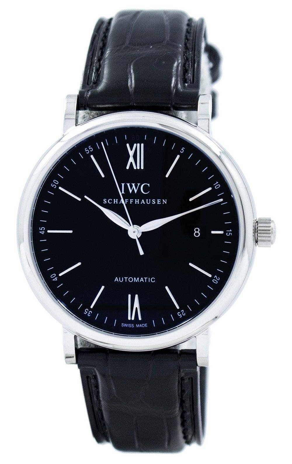 IWC Portofino Automatic movement White Leather Male IW356502. A brand-new IWC Portofino watch featuring a White dial and a Leather strap. Angled view.