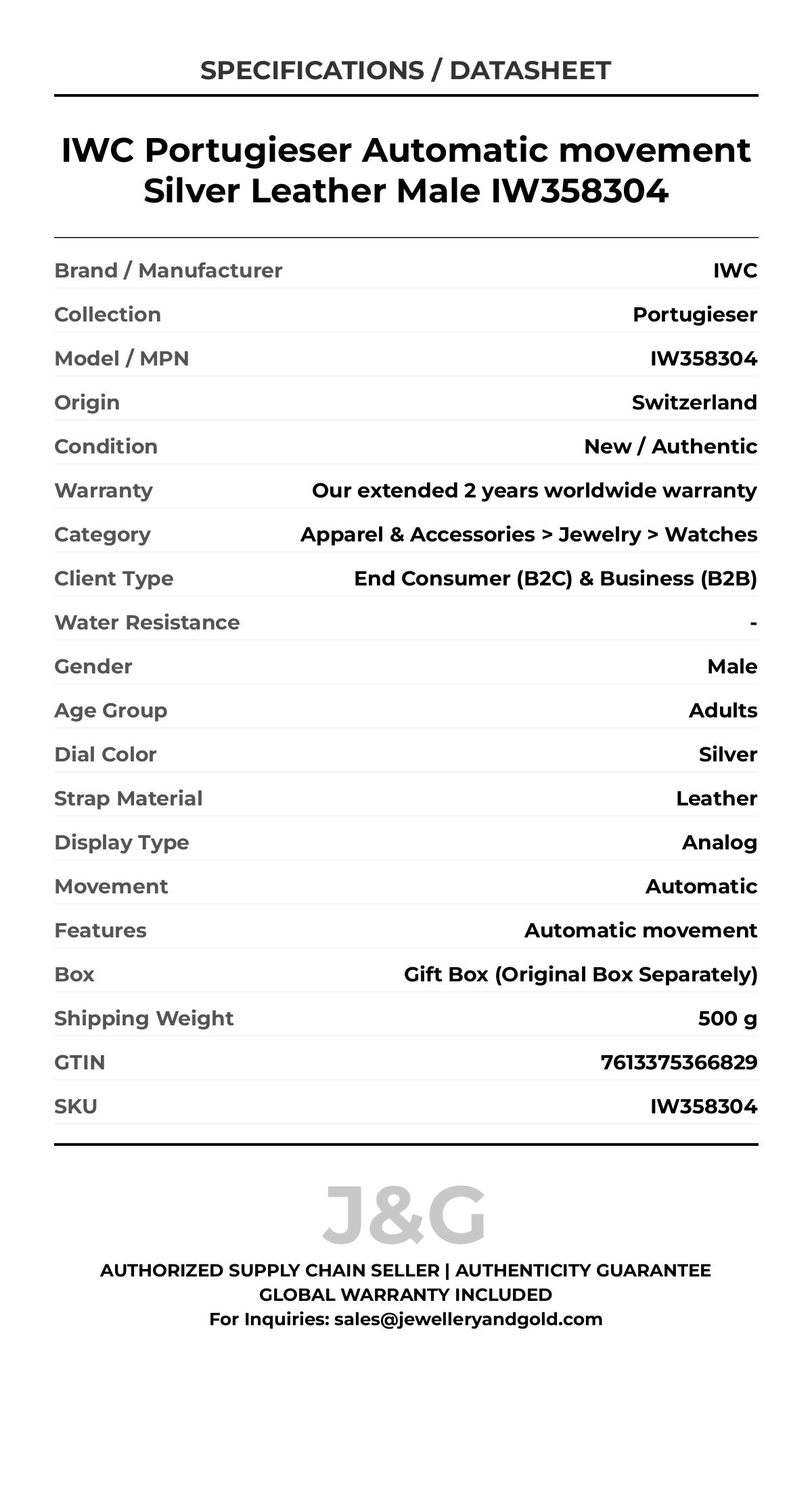 IWC Portugieser Automatic movement Silver Leather Male IW358304 - Specifications