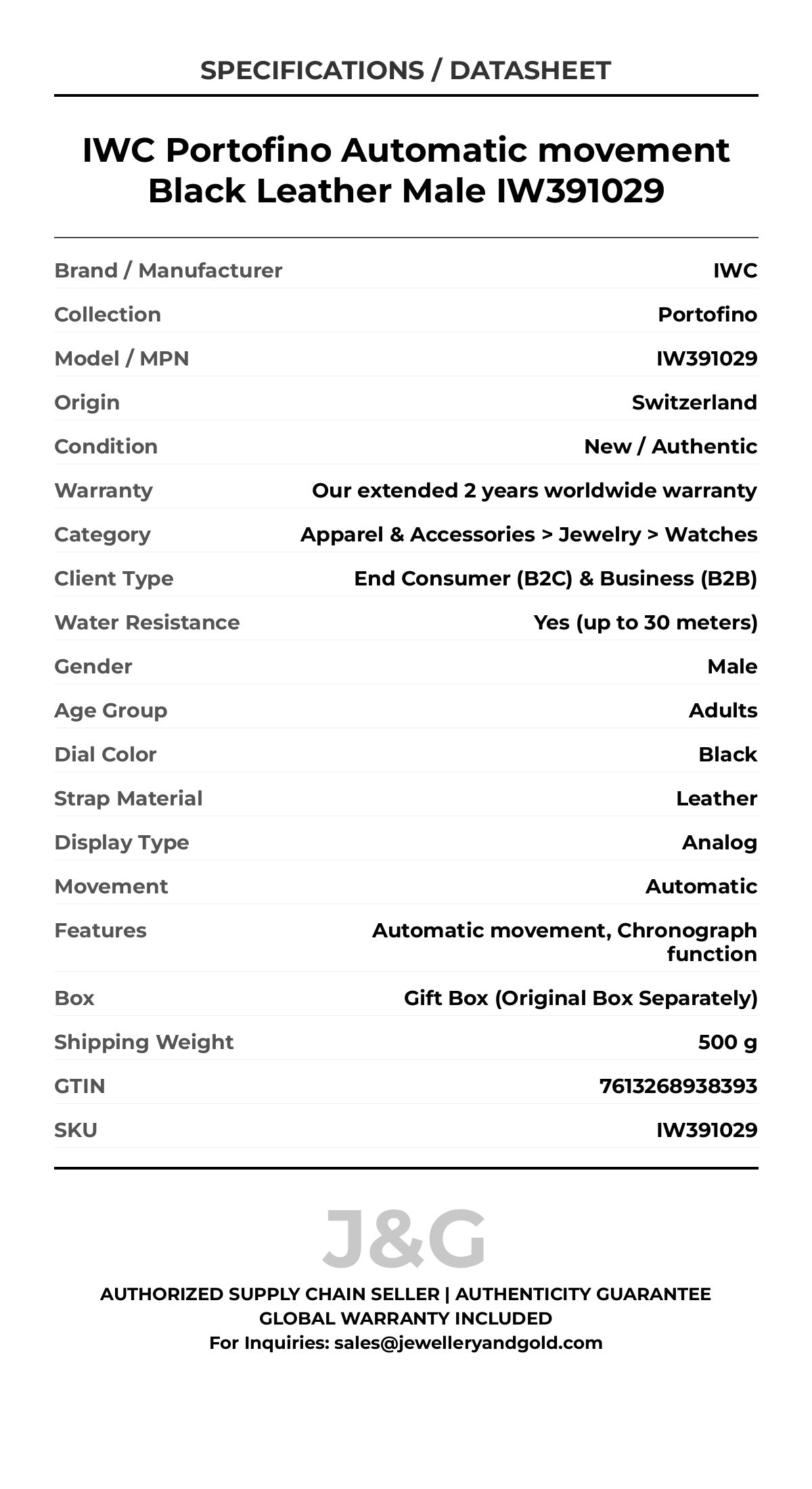 IWC Portofino Automatic movement Black Leather Male IW391029 - Specifications