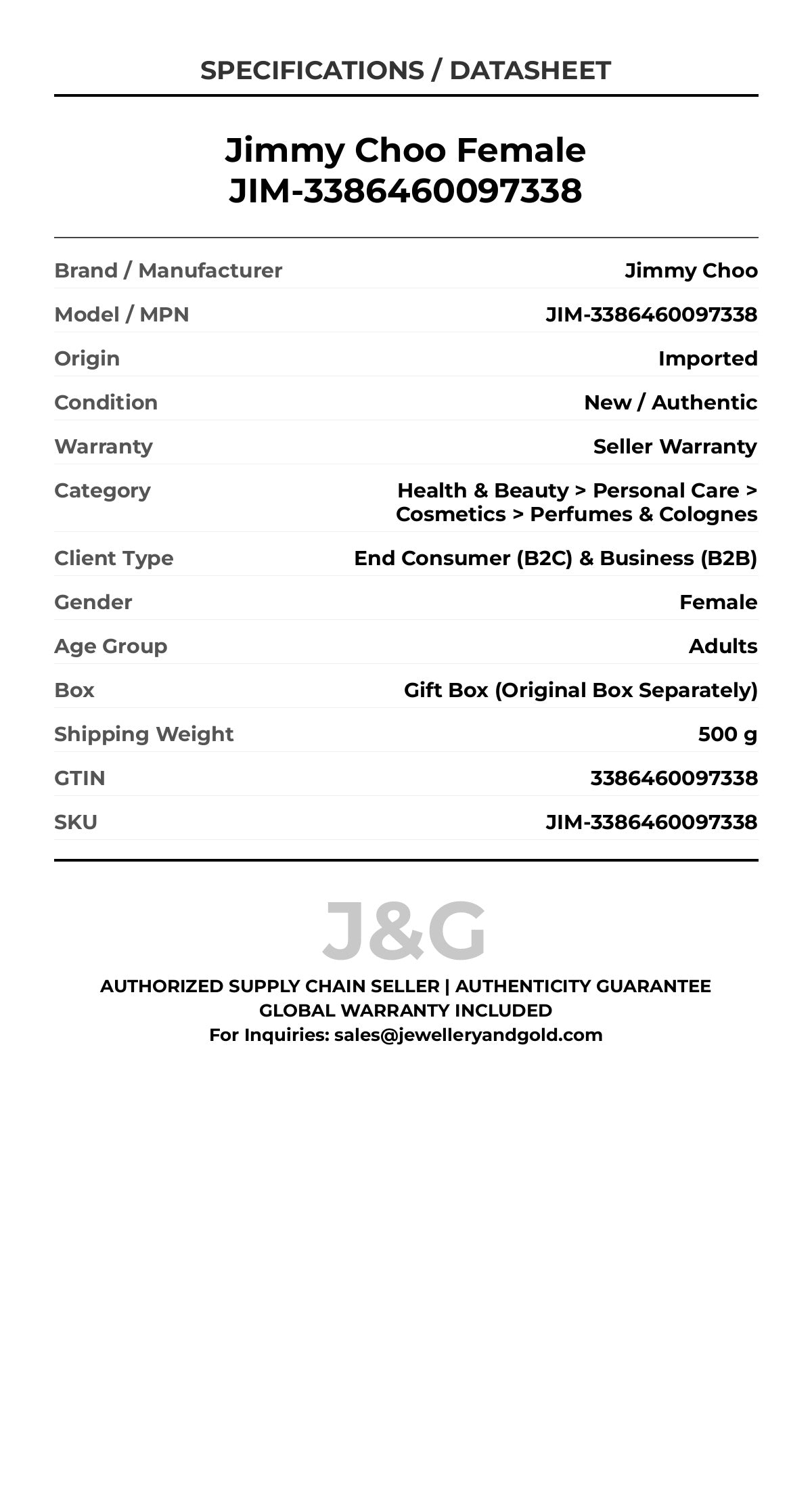 Jimmy Choo Female JIM-3386460097338 - Specifications