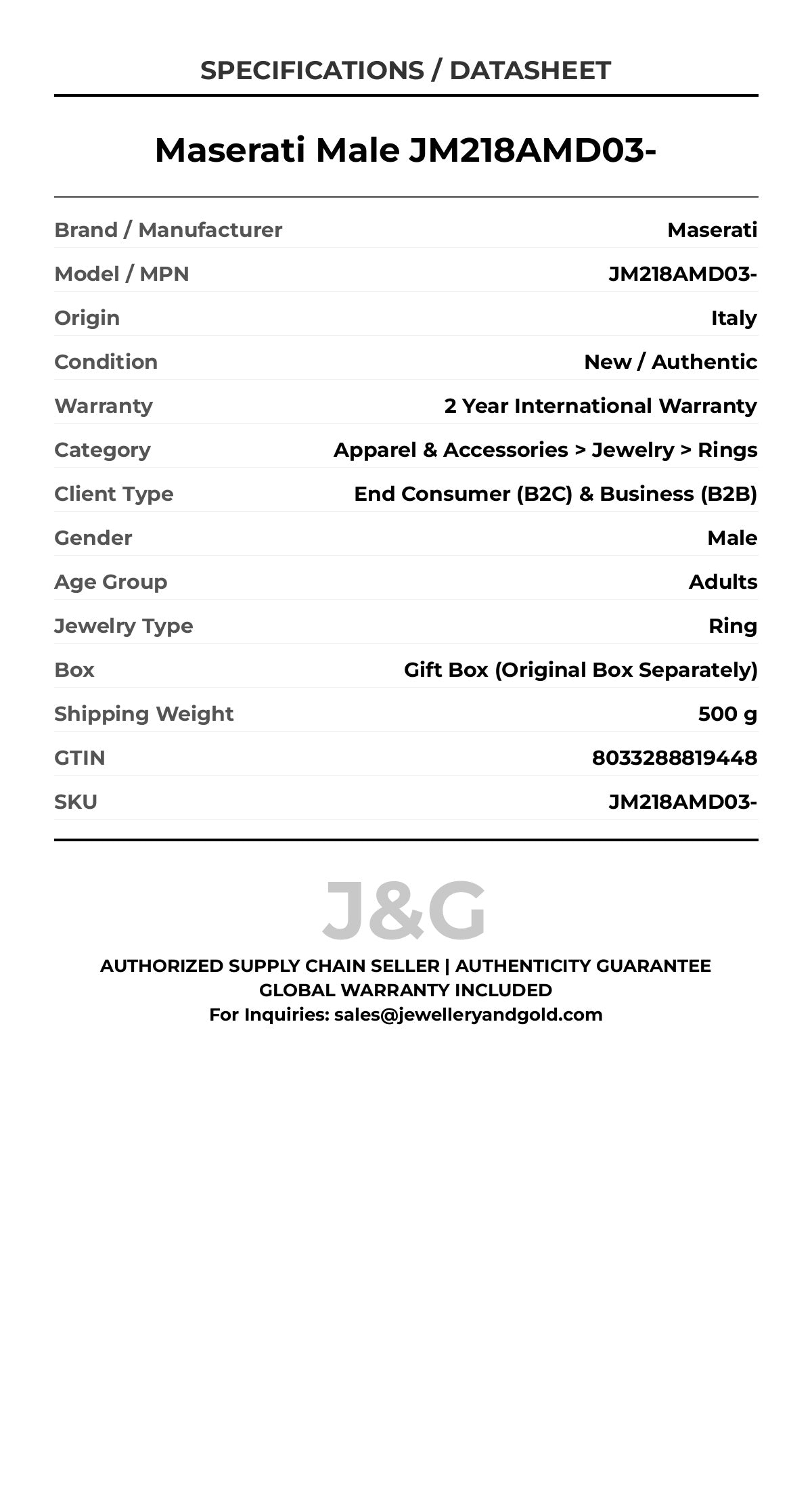 Maserati Male JM218AMD03- - Specifications