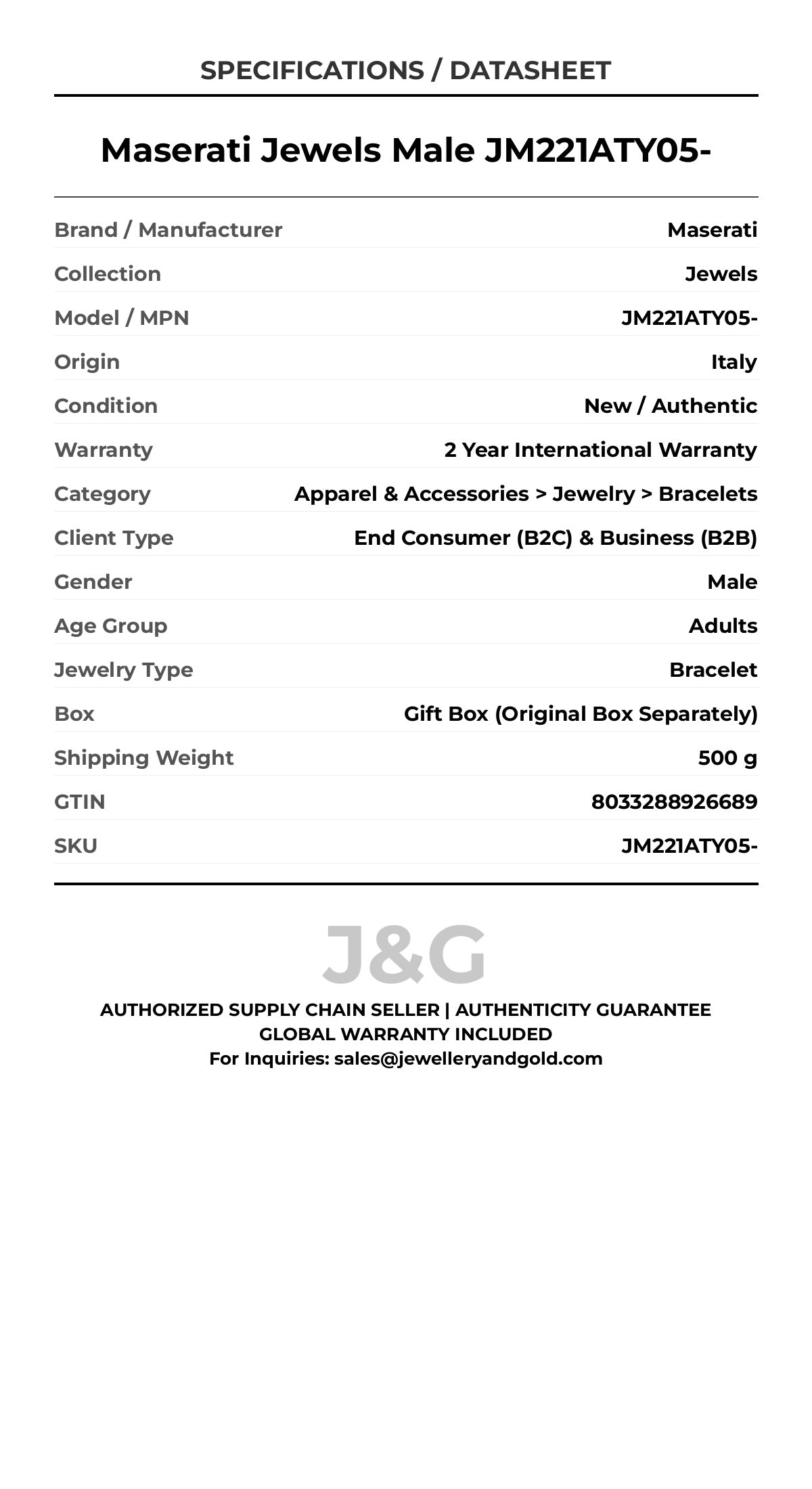 Maserati Jewels Male JM221ATY05- - Specifications