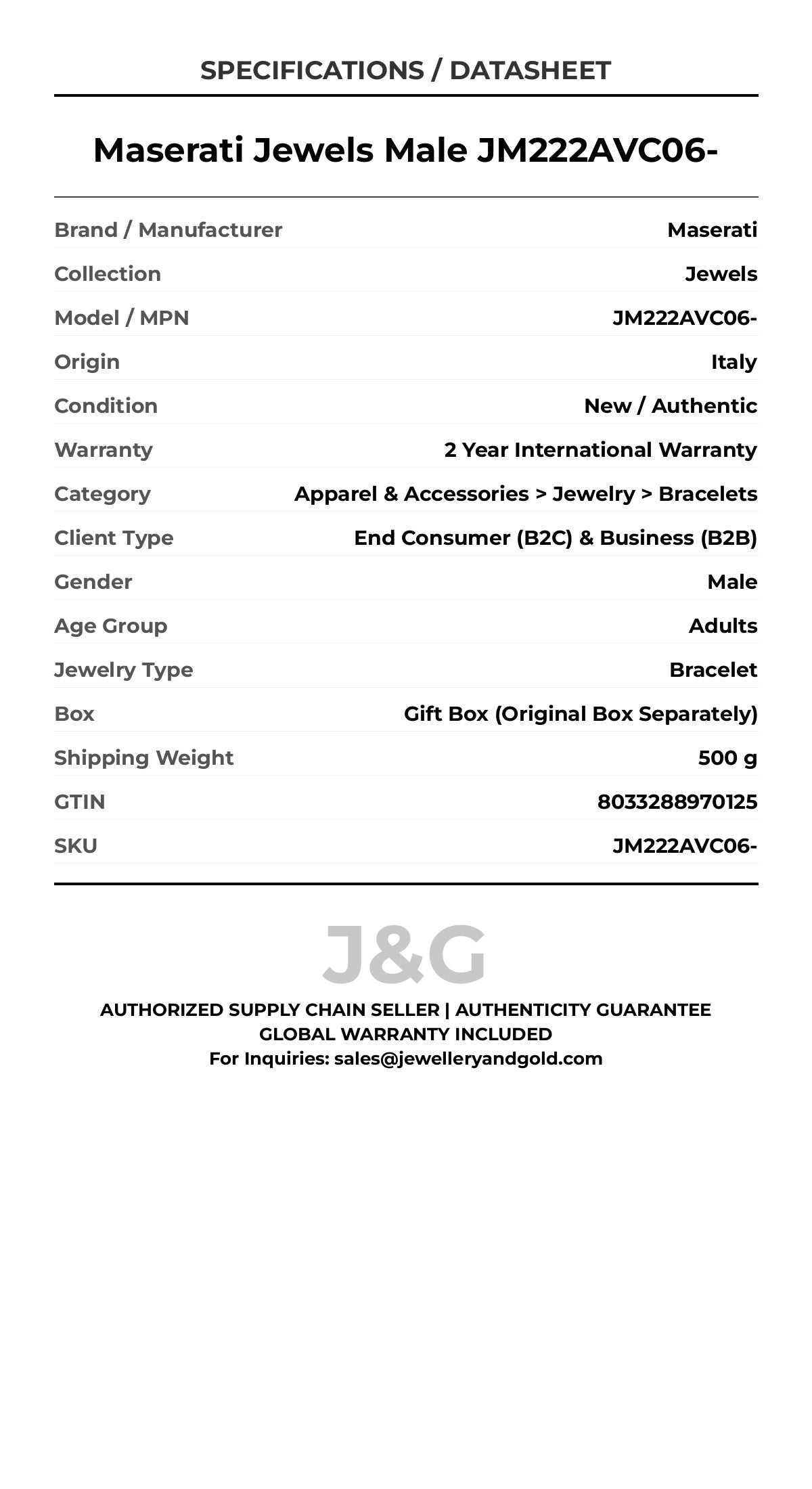 Maserati Jewels Male JM222AVC06- - Specifications