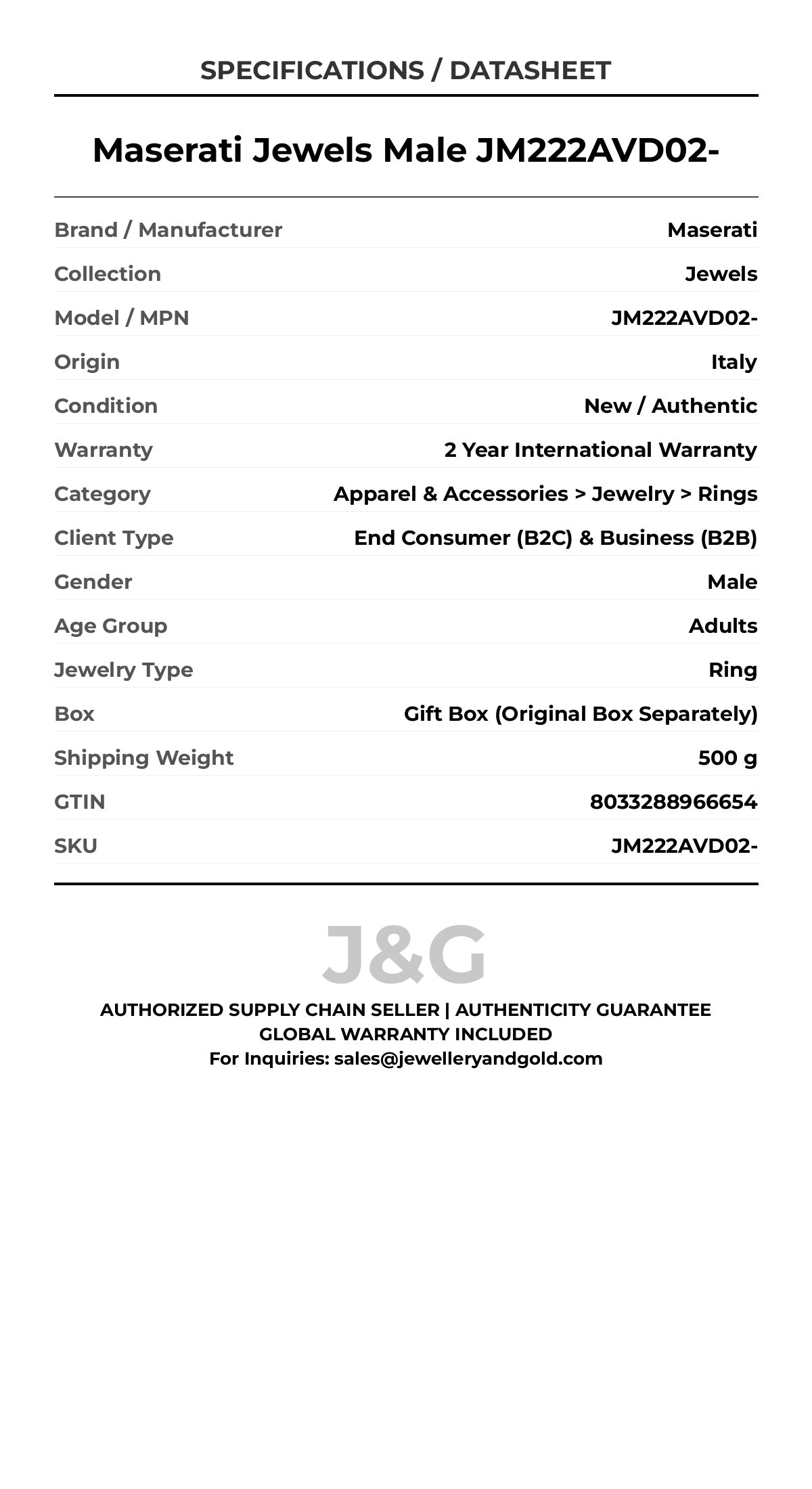 Maserati Jewels Male JM222AVD02- - Specifications