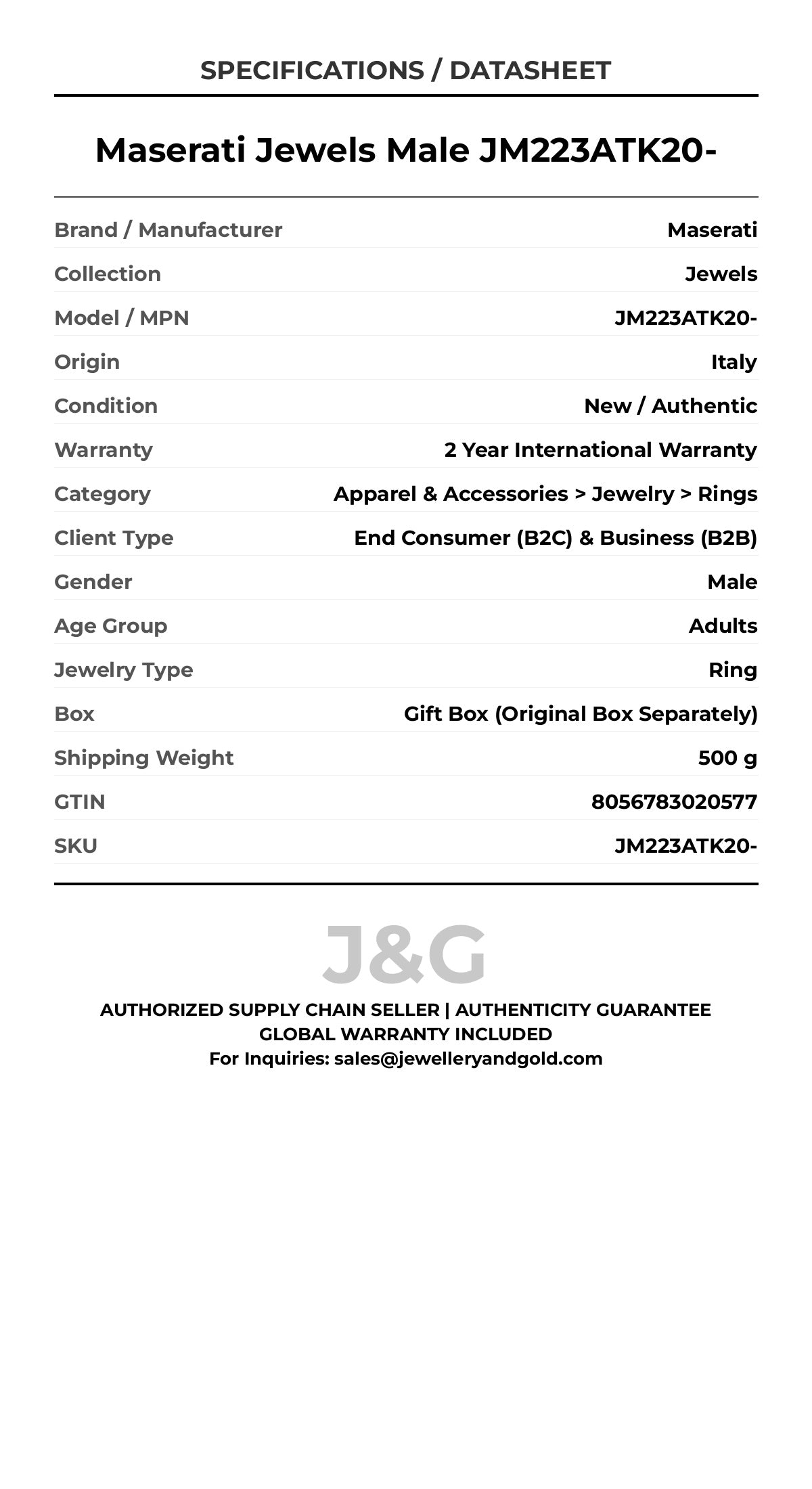 Maserati Jewels Male JM223ATK20- - Specifications