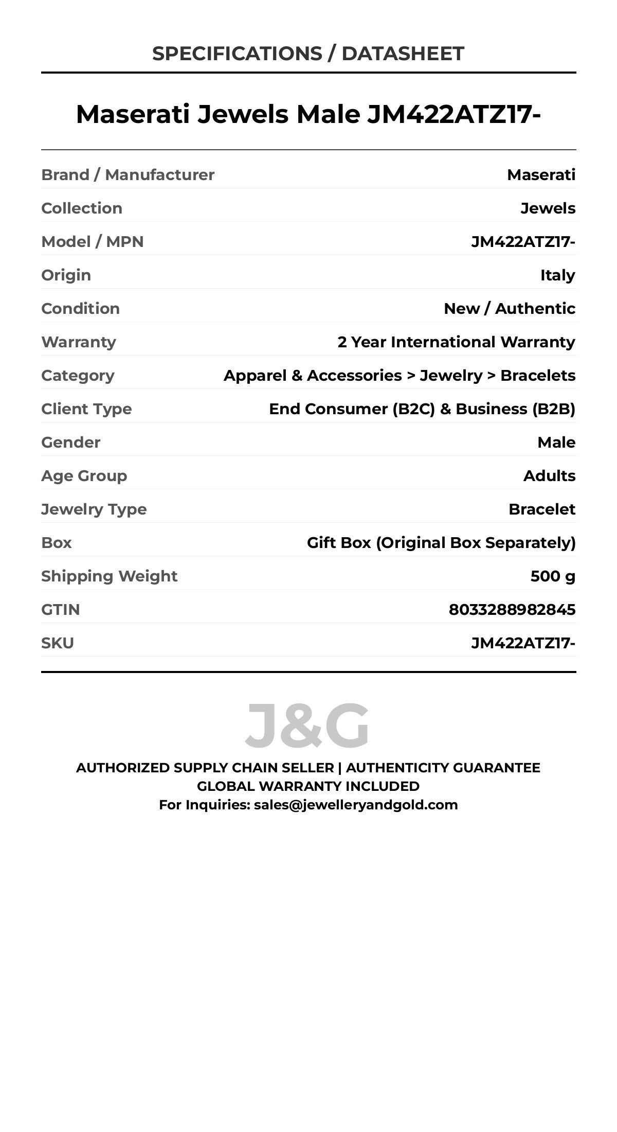 Maserati Jewels Male JM422ATZ17- - Specifications