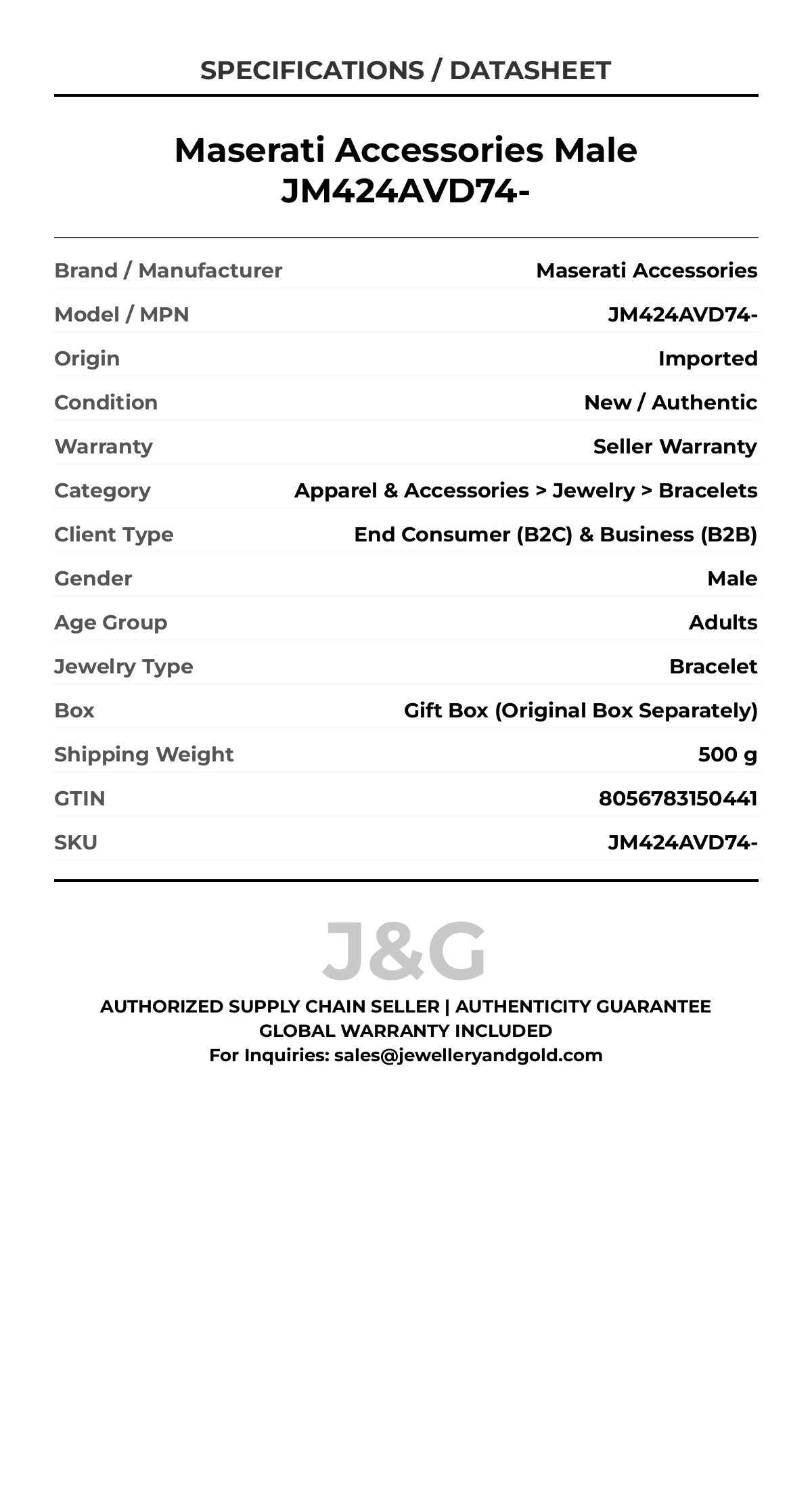 Maserati Accessories Male JM424AVD74- - Specifications