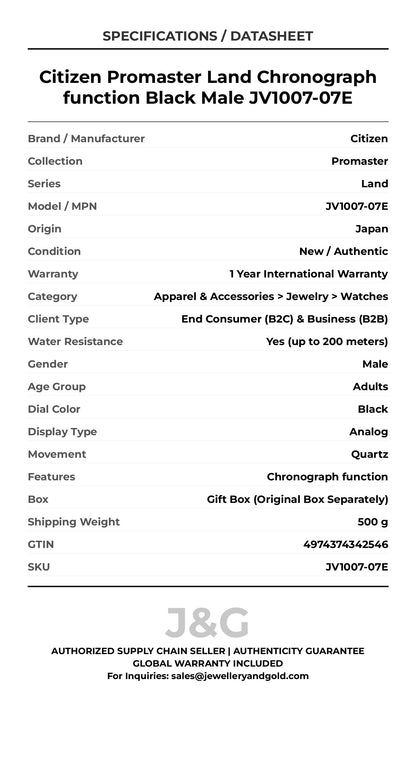 Citizen Promaster Land Chronograph function Black Male JV1007-07E - Specifications