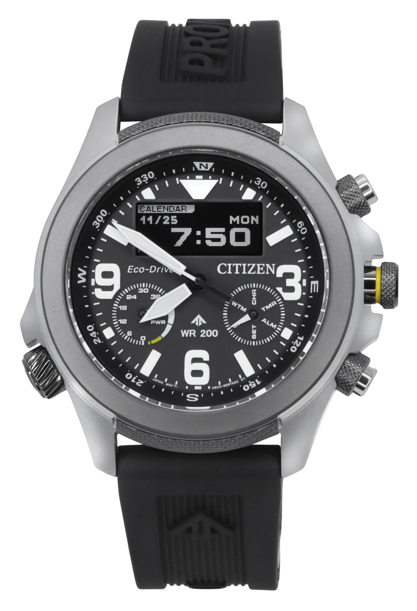 Citizen Promaster Land Chronograph function Black Male JV1007-07E. A brand-new Citizen Promaster watch featuring a Black dial. Angled view.