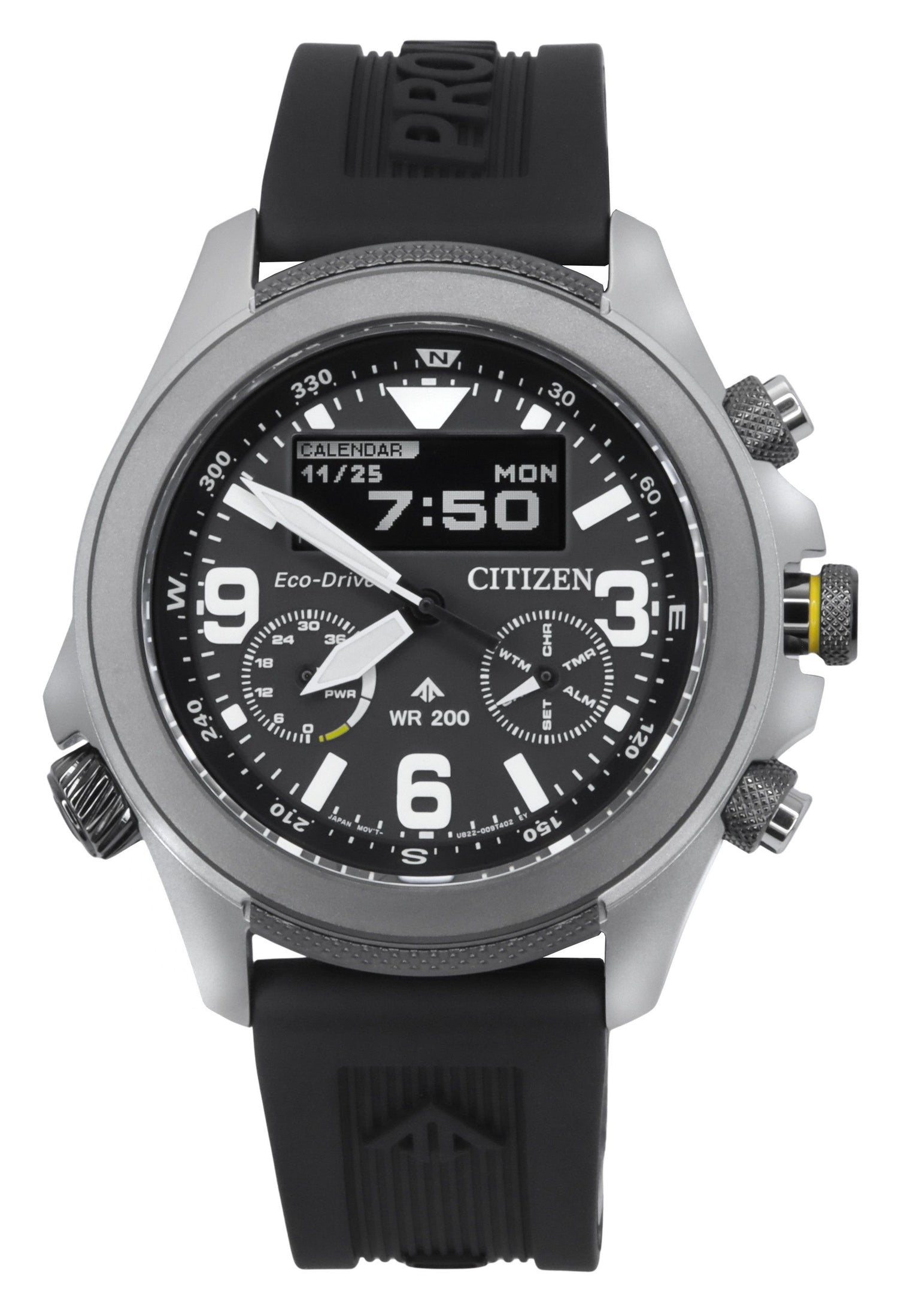Citizen Promaster Land Chronograph function Black Male JV1007-07E. A brand-new Citizen Promaster watch featuring a Black dial. Angled view.