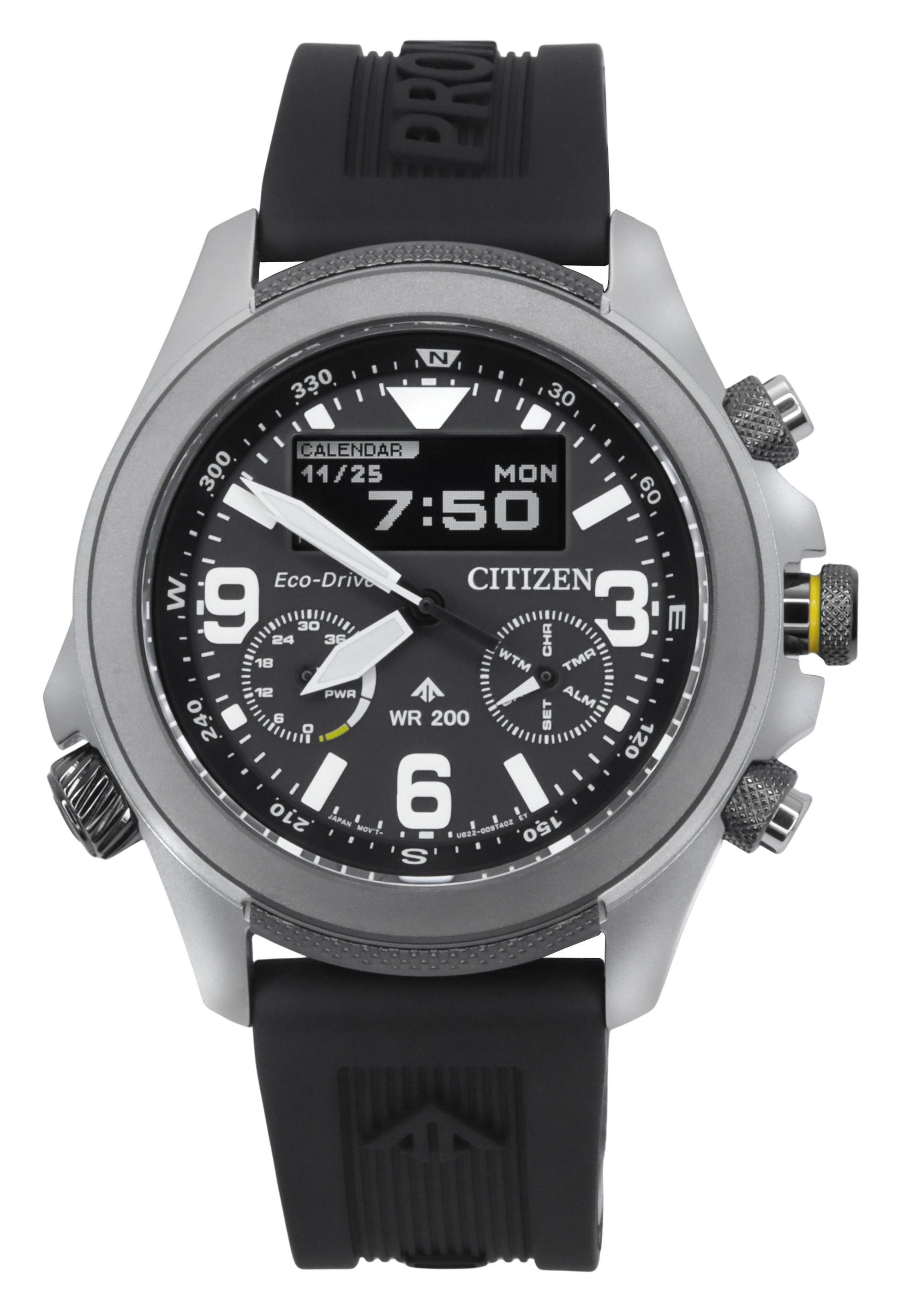 Citizen Promaster Land Chronograph function Black Male JV1007-07E. A brand-new Citizen Promaster watch featuring a Black dial. Angled view.